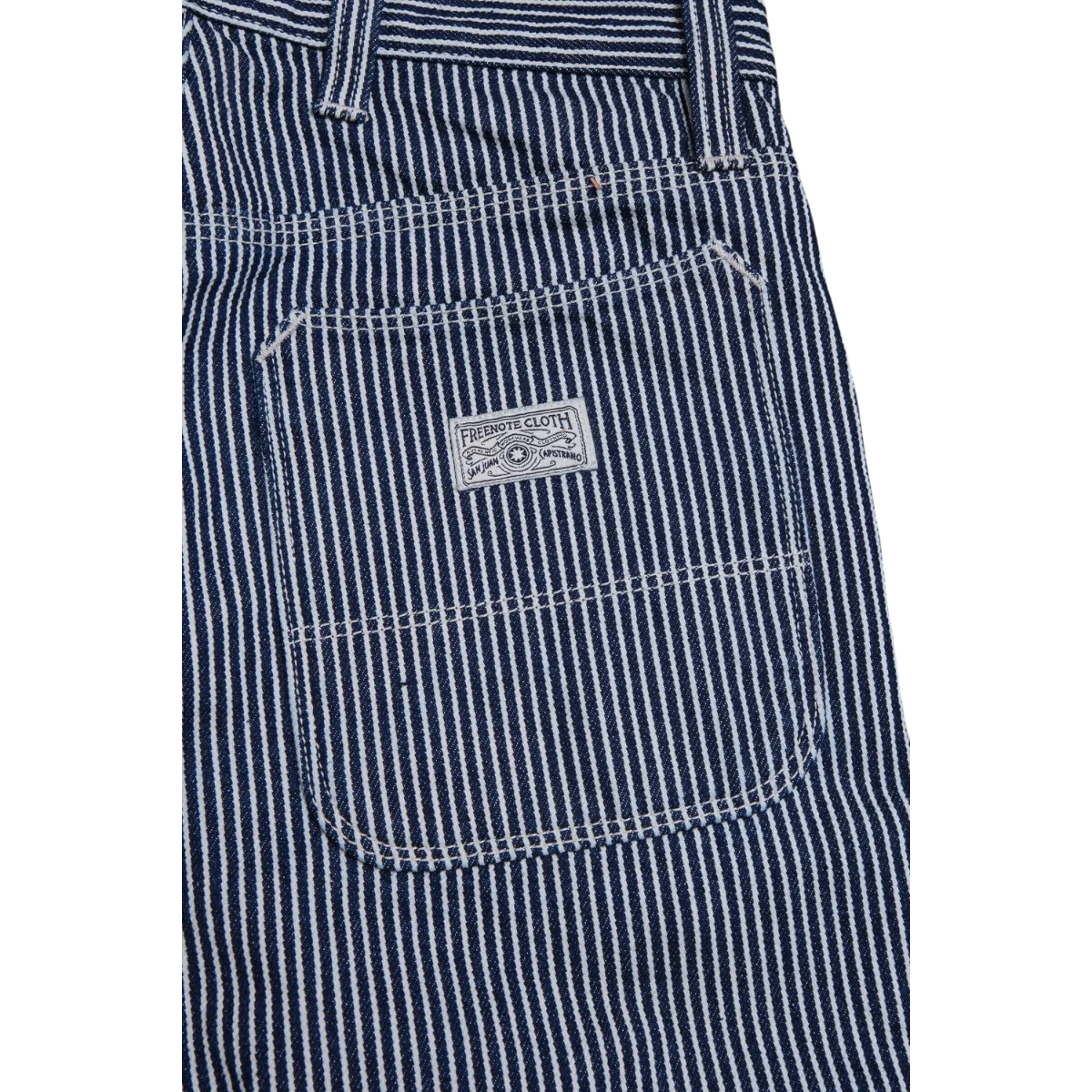MILWORK Ortega Pant Hickory Stripe, classic blue and white striped 100% cotton work pants with reinforced pockets and double knees.