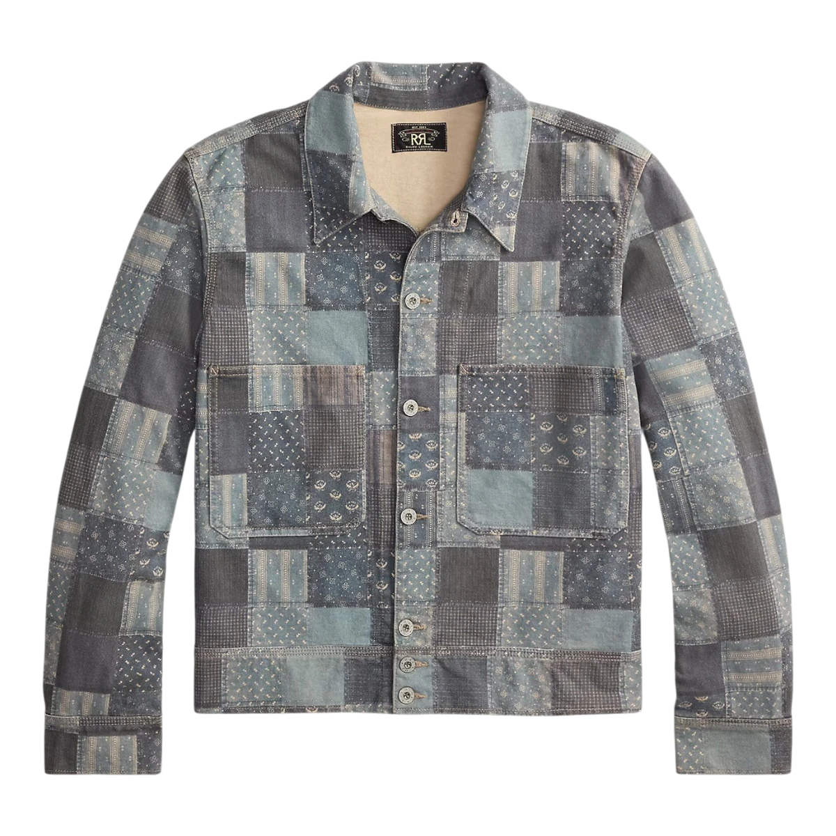 MILWORK navy multi patchwork-print cotton jersey work jacket with metal buttons and patch pockets.
