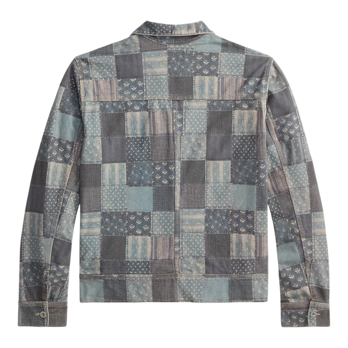 MILWORK Navy Multi patchwork-print cotton jersey work jacket with printed stitches and metal buttons.