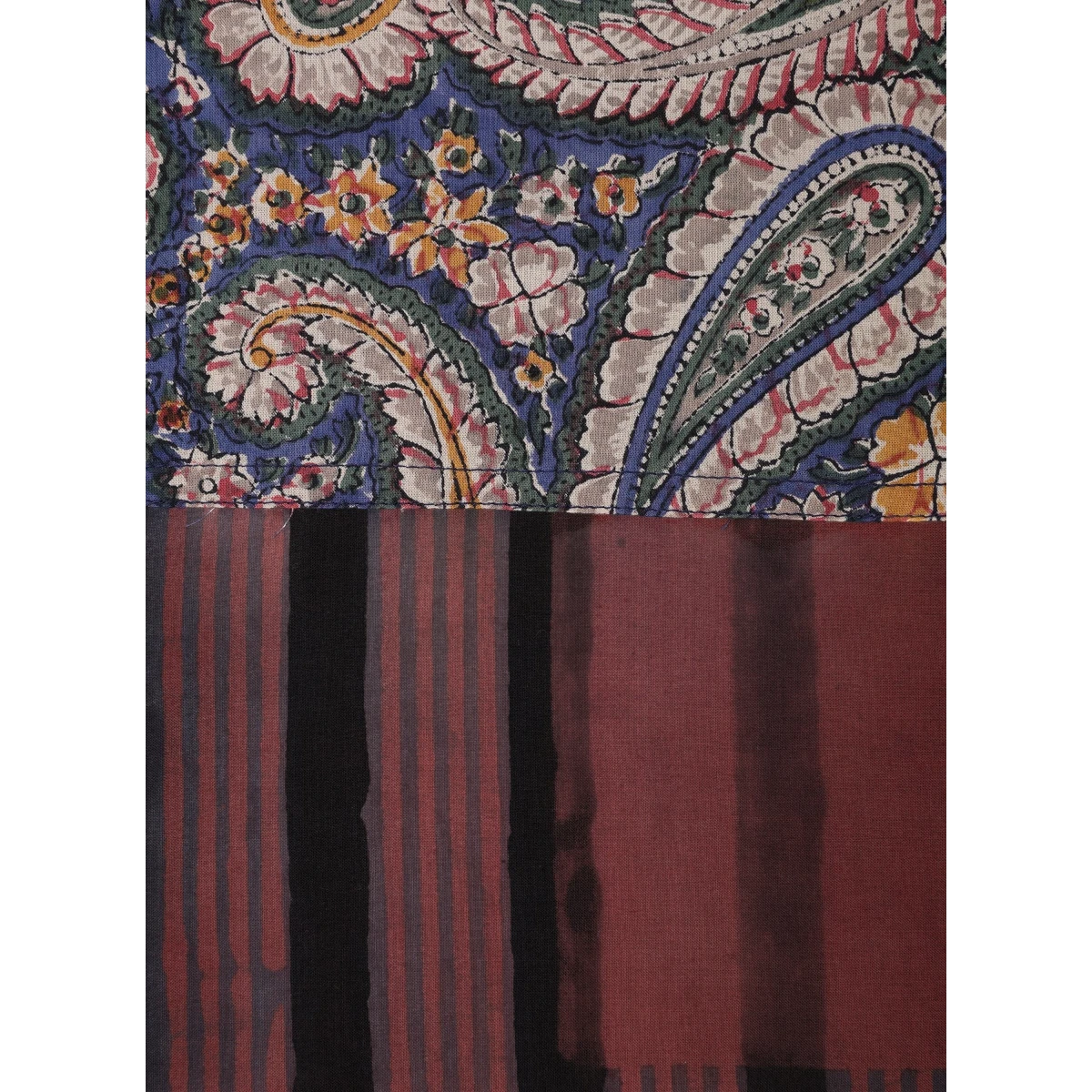 MILWORK Yuto 12 panel patchwork shirt in 100% cotton. Features paisley print and vertical stripes in blue, red, and black.