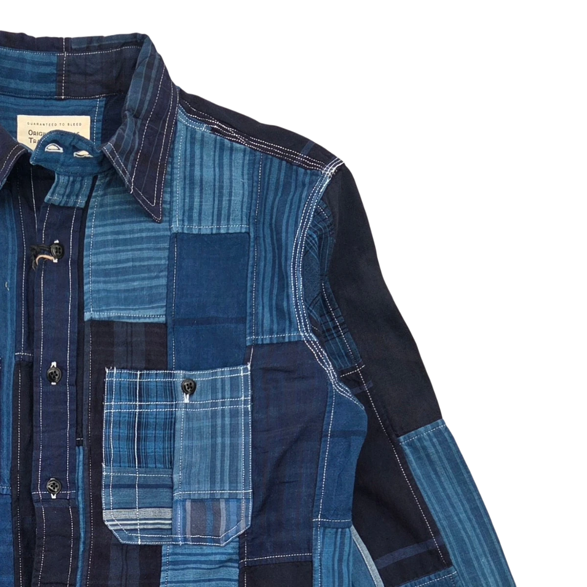 MILWORK No240 Surplus Utility Shirt Patchwork indigo blue cotton, button-down with chest pocket and contrast stitching.