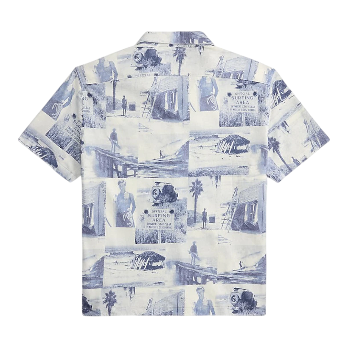 MILWORK Photo-Print Linen-Cotton Camp Shirt Navy Multi. Short sleeve camp shirt with a vintage photo print of beach scenes and surf signs.