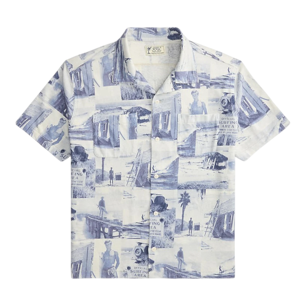 MILWORK Photo-Print Linen-Cotton Camp Shirt Navy Multi. Short sleeve camp collar shirt with coconut shell buttons and chest pockets.