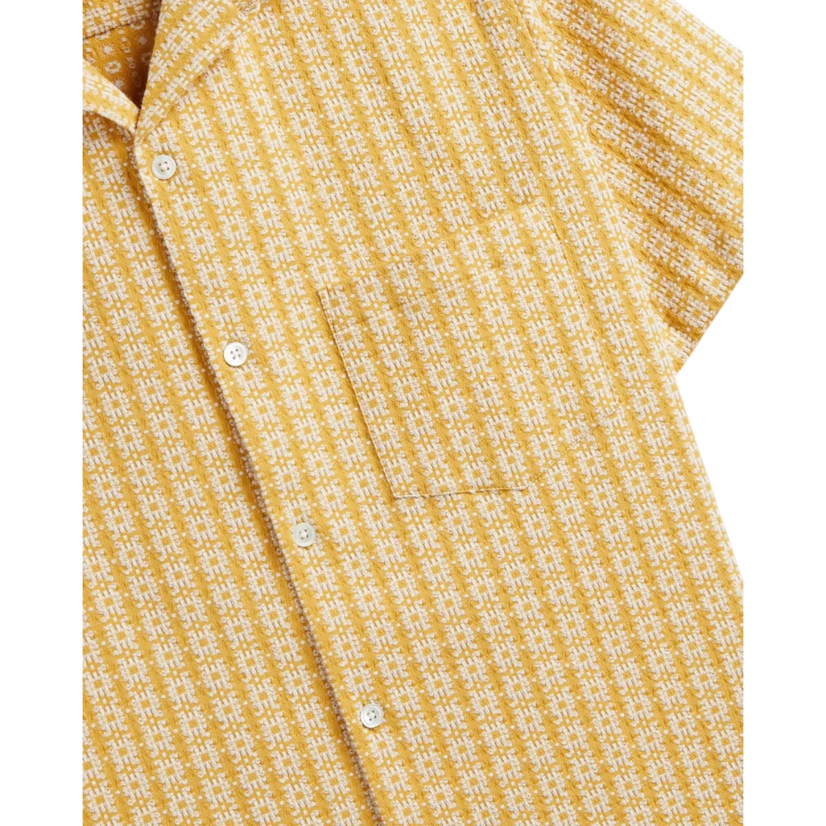 MILWORK Polen yellow short-sleeve shirt with a subtle geometric pattern, cotton-elastane blend, and mother-of-pearl buttons.