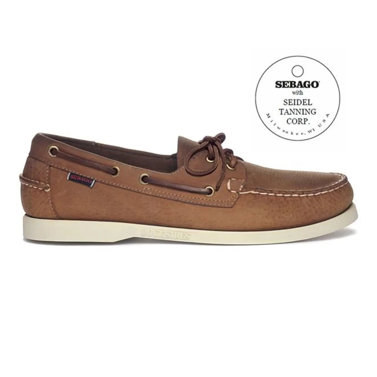 MILWORK Portland Artisan Texas Brown Tan leather boat shoe with white stitching and a non-slip rubber sole.