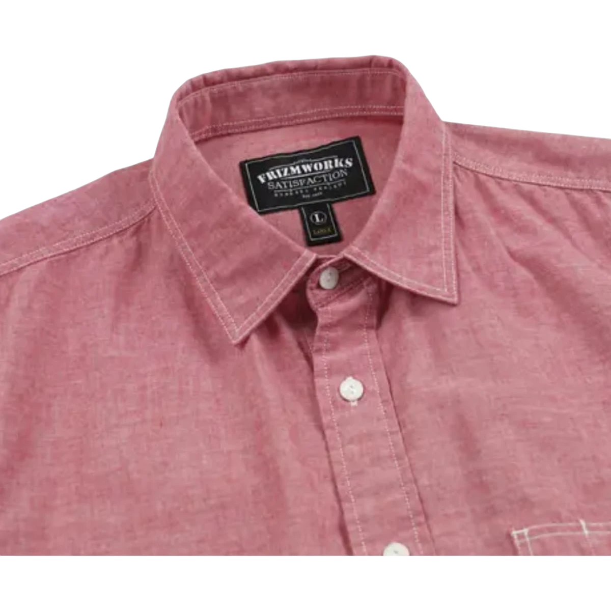 MILWORK Red cotton chambray work shirt with dual chest pockets and white contrast stitching. Relaxed fit.