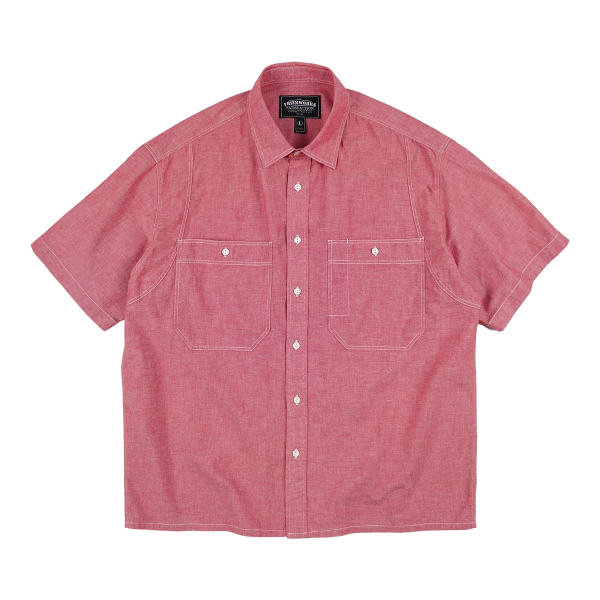 MILWORK Red cotton chambray short-sleeve work shirt with dual chest pockets and white contrast stitching. Relaxed fit.