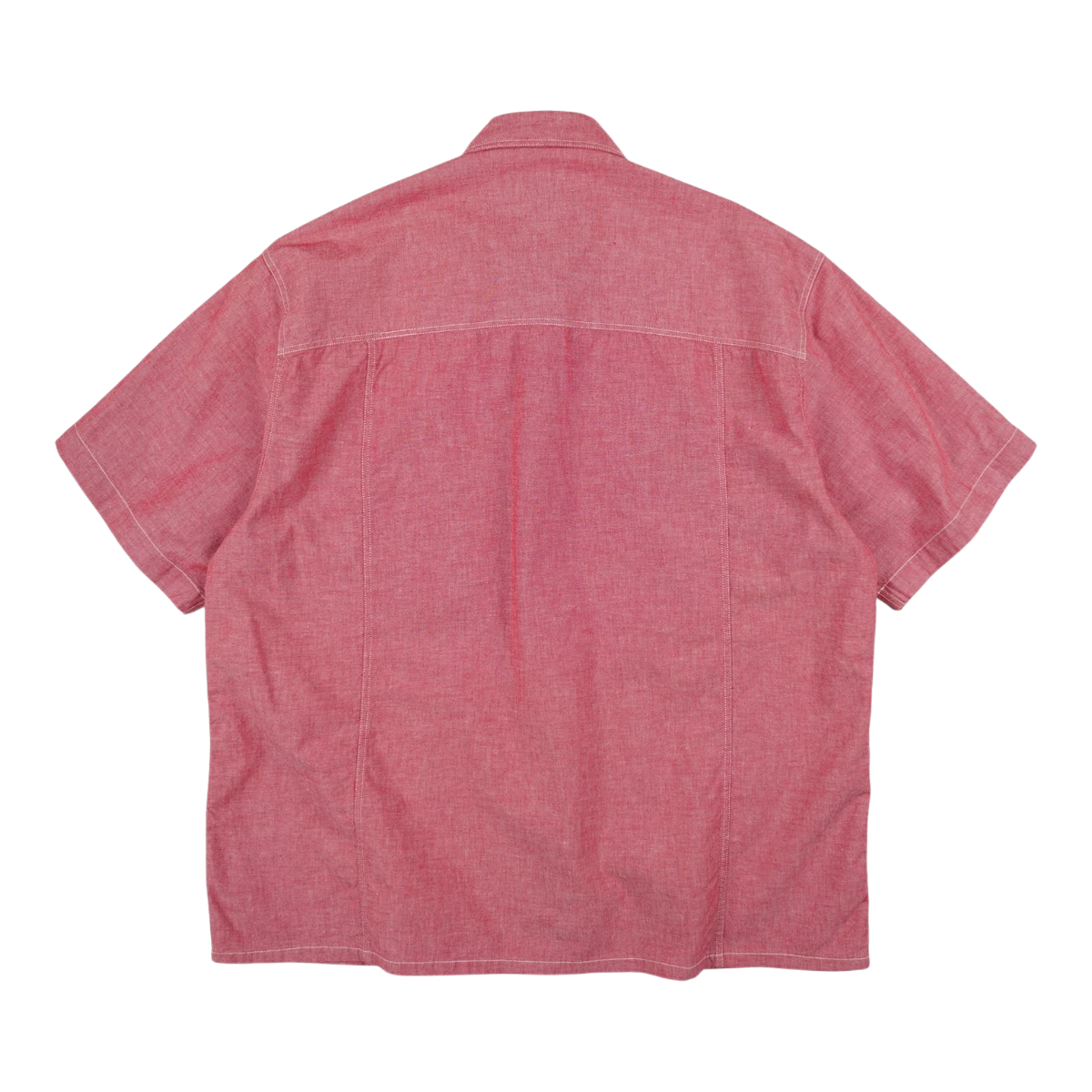 MILWORK Red cotton chambray short-sleeve work shirt with dual chest pockets and reinforced stitching. Relaxed fit.