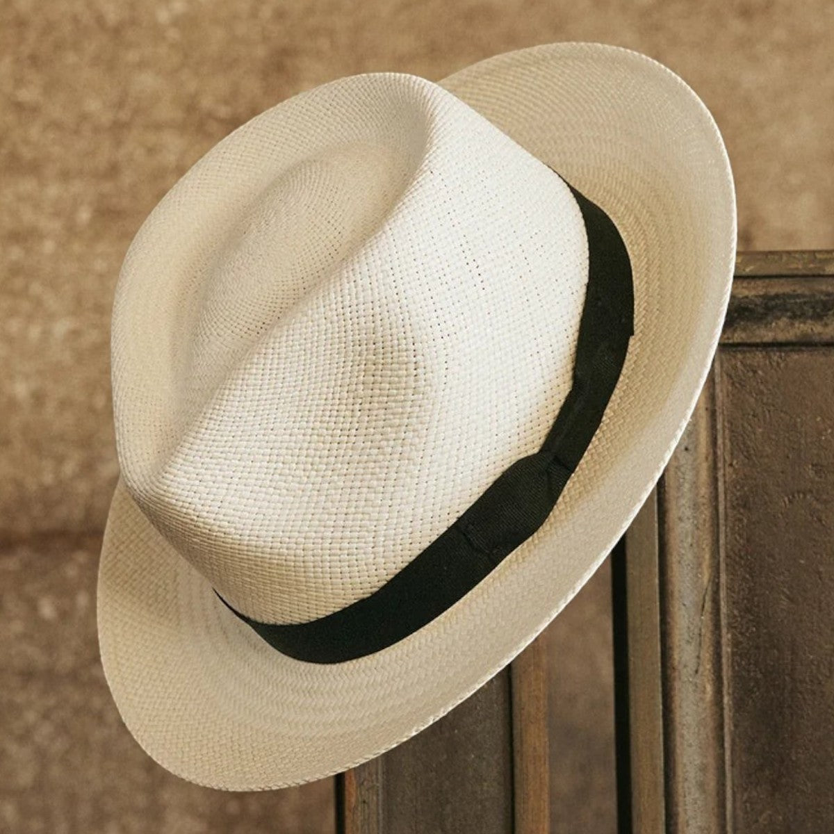 MILWORK Retro Panama Fedora in natural toquilla straw with a black grosgrain band and 2 1/2" brim.