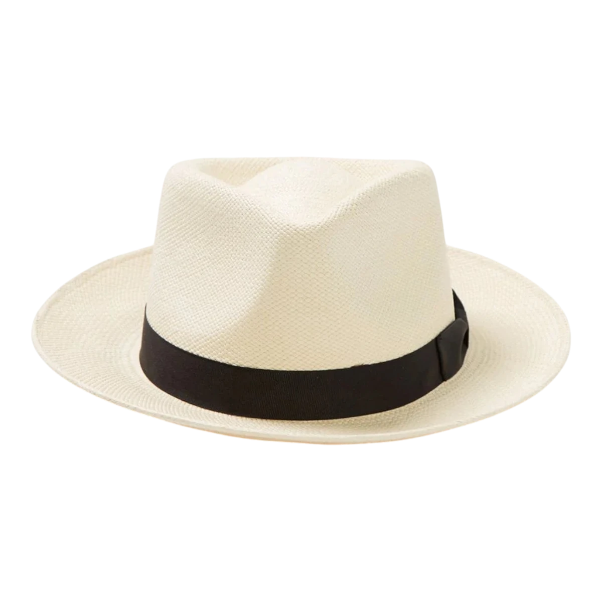 MILWORK Retro Panama Fedora hat in natural toquilla straw with a black grosgrain band and 2 1/2" brim.