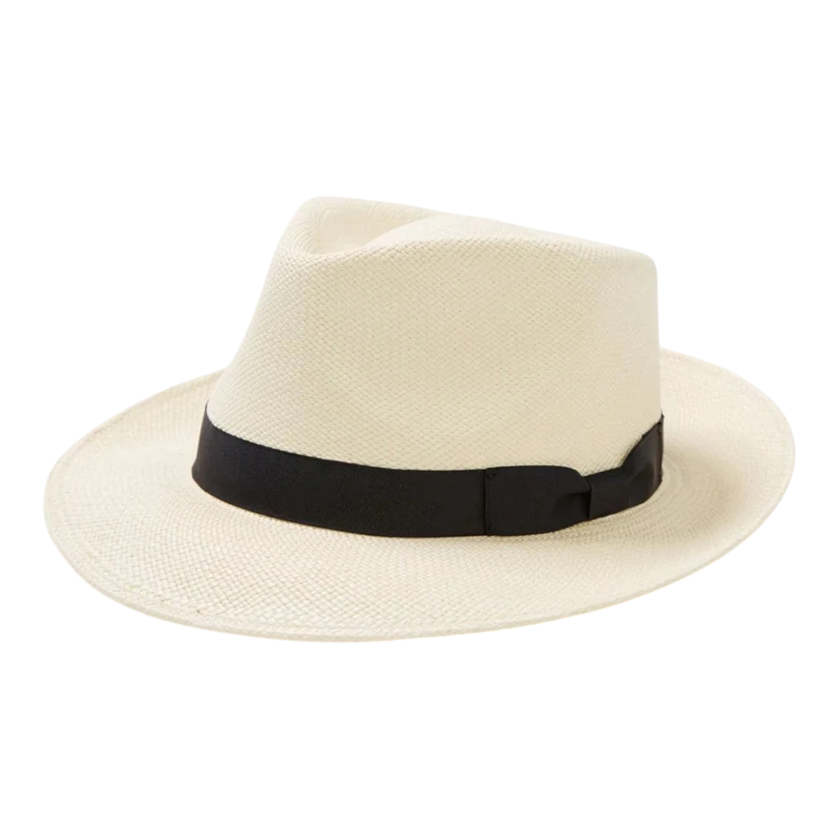 MILWORK Retro Panama Fedora in natural toquilla straw with a black grosgrain band and 2 1/2" brim.