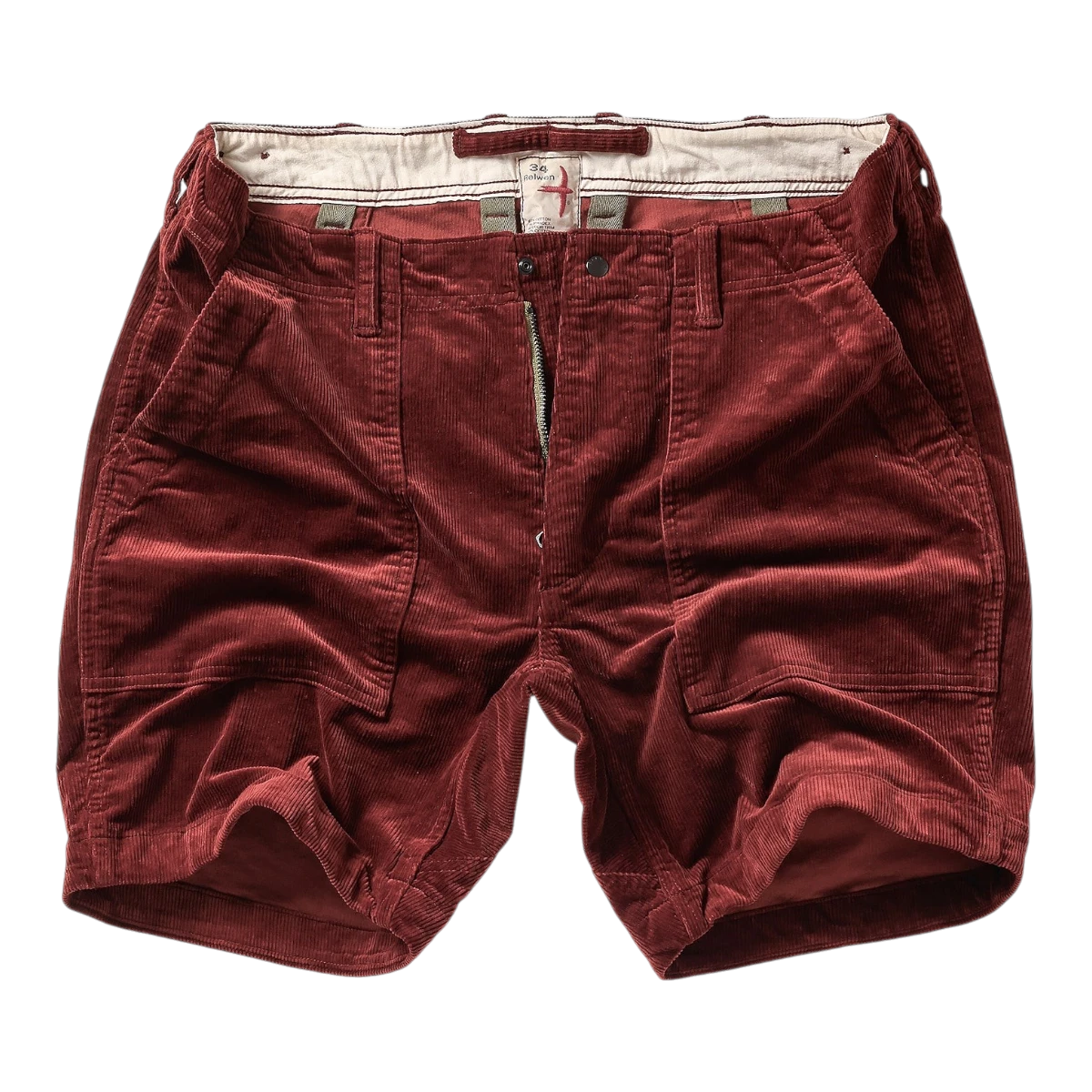 MILWORK Russet corduroy shorts with a 7.5" inseam, featuring a zip fly and large front pockets.