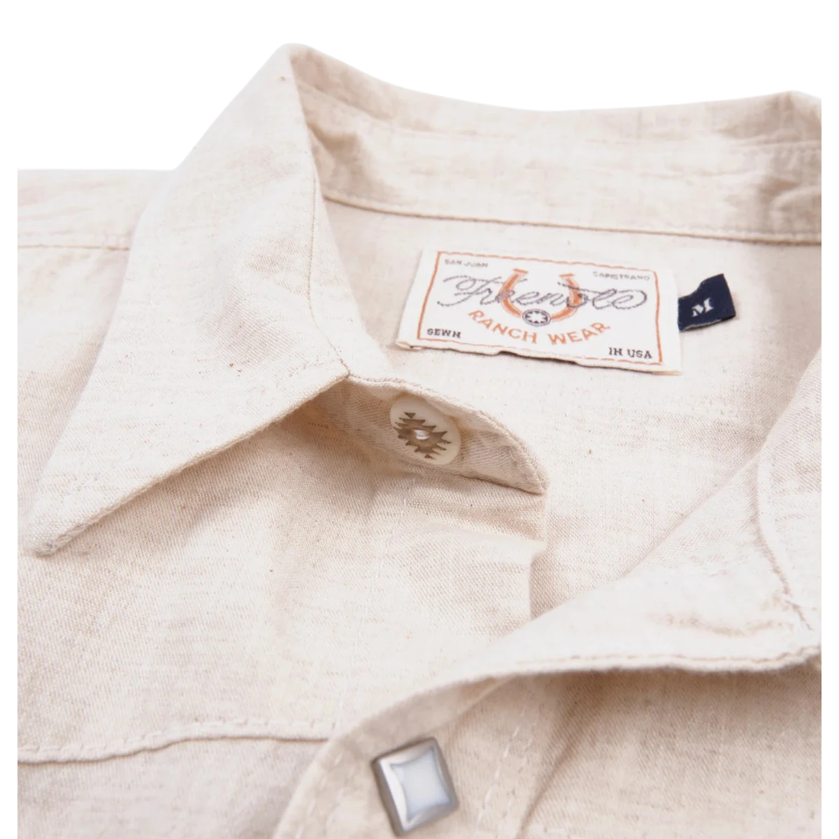 MILWORK Sand Calico Western Style Shirt with sawtooth flap pockets, diamond snaps, and custom bone button.