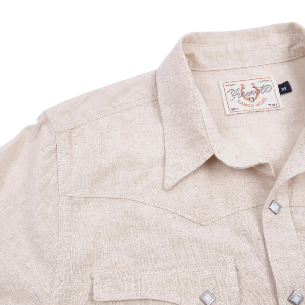 MILWORK Sand Calico Western Style Shirt with sawtooth flap pockets, diamond snaps, and custom bone button.