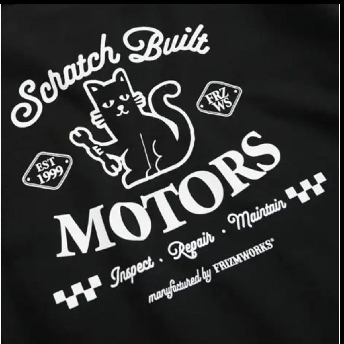 MILWORK Scratch Built Motors tee in black cotton with a graphic of a cat holding a wrench and text details.