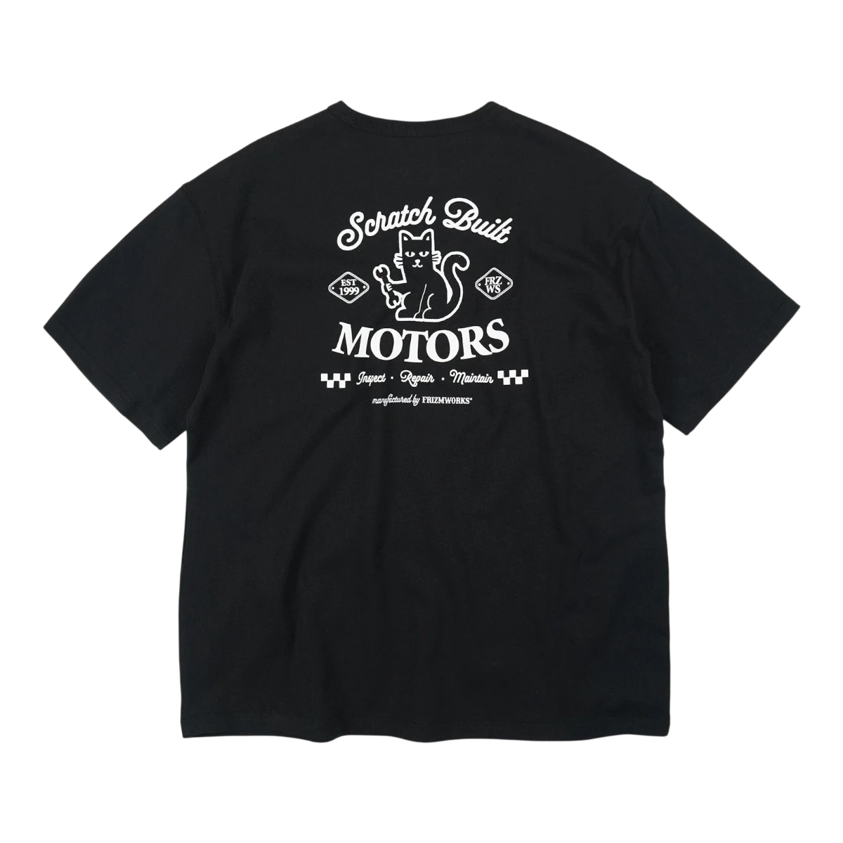 MILWORK Scratch Built Motors graphic tee in black cotton. Features a cat with tools and