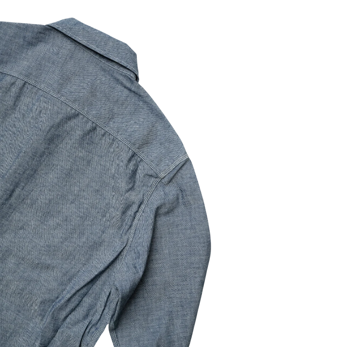 MILWORK Selvedge Chambray Work Shirt in blue, featuring triple-needle stitching and a textured slub yarn weave.