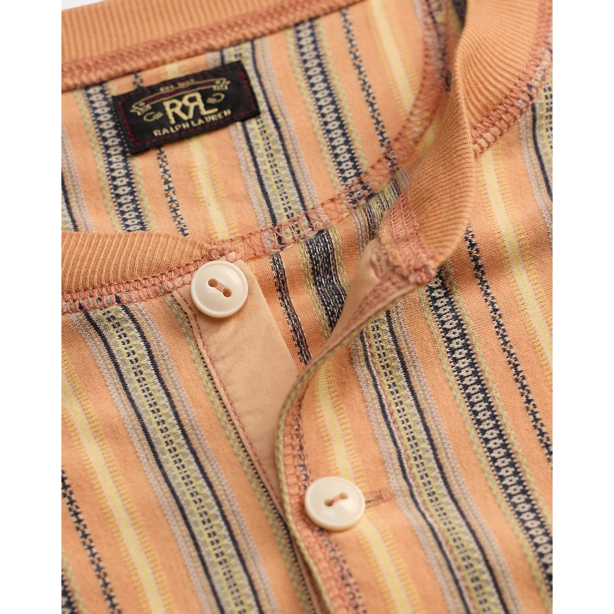 MILWORK striped jacquard henley shirt in navy multi, made from 100% cotton with ribbed trims and a three-button placket.