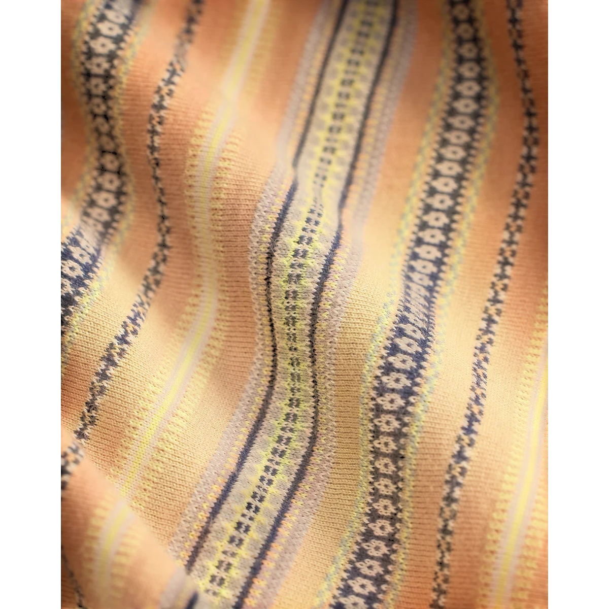 MILWORK striped jacquard henley shirt in navy multi, made from lightweight cotton with ribbed trims and a unique antique rug-inspired pattern.