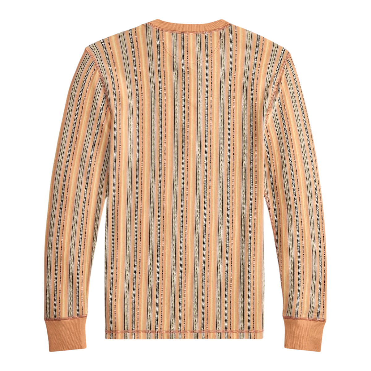 MILWORK Striped Jacquard Henley Shirt in orange with navy and cream vertical stripes. Lightweight cotton jacquard with ribbed trims.