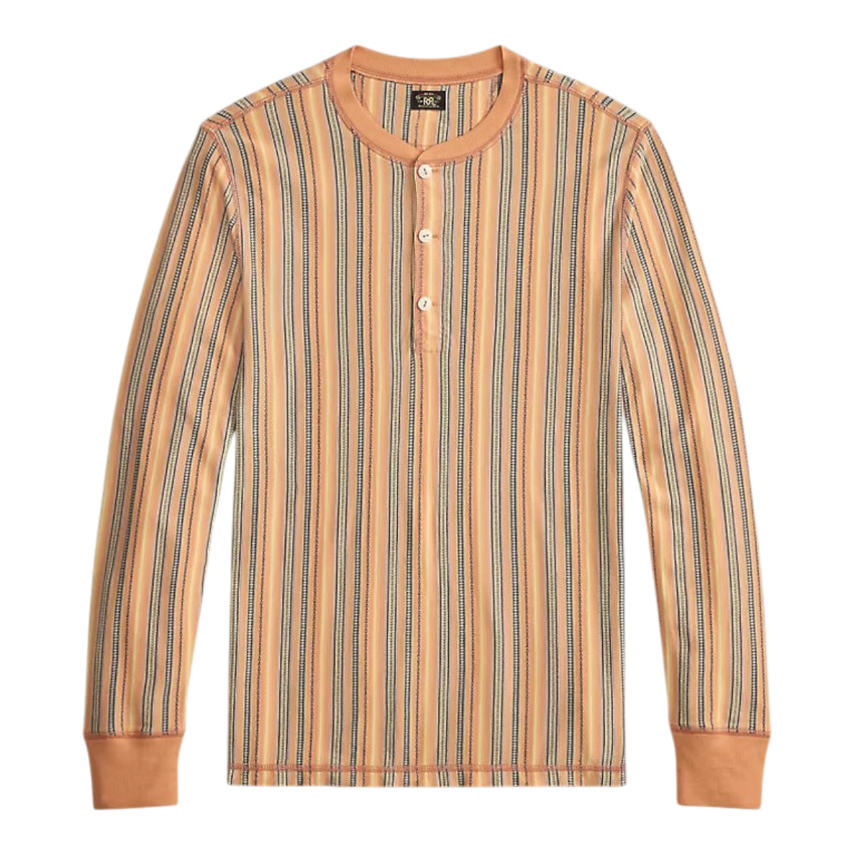 MILWORK Striped Jacquard Henley Shirt in orange and navy cotton with a three-button placket and ribbed trims.