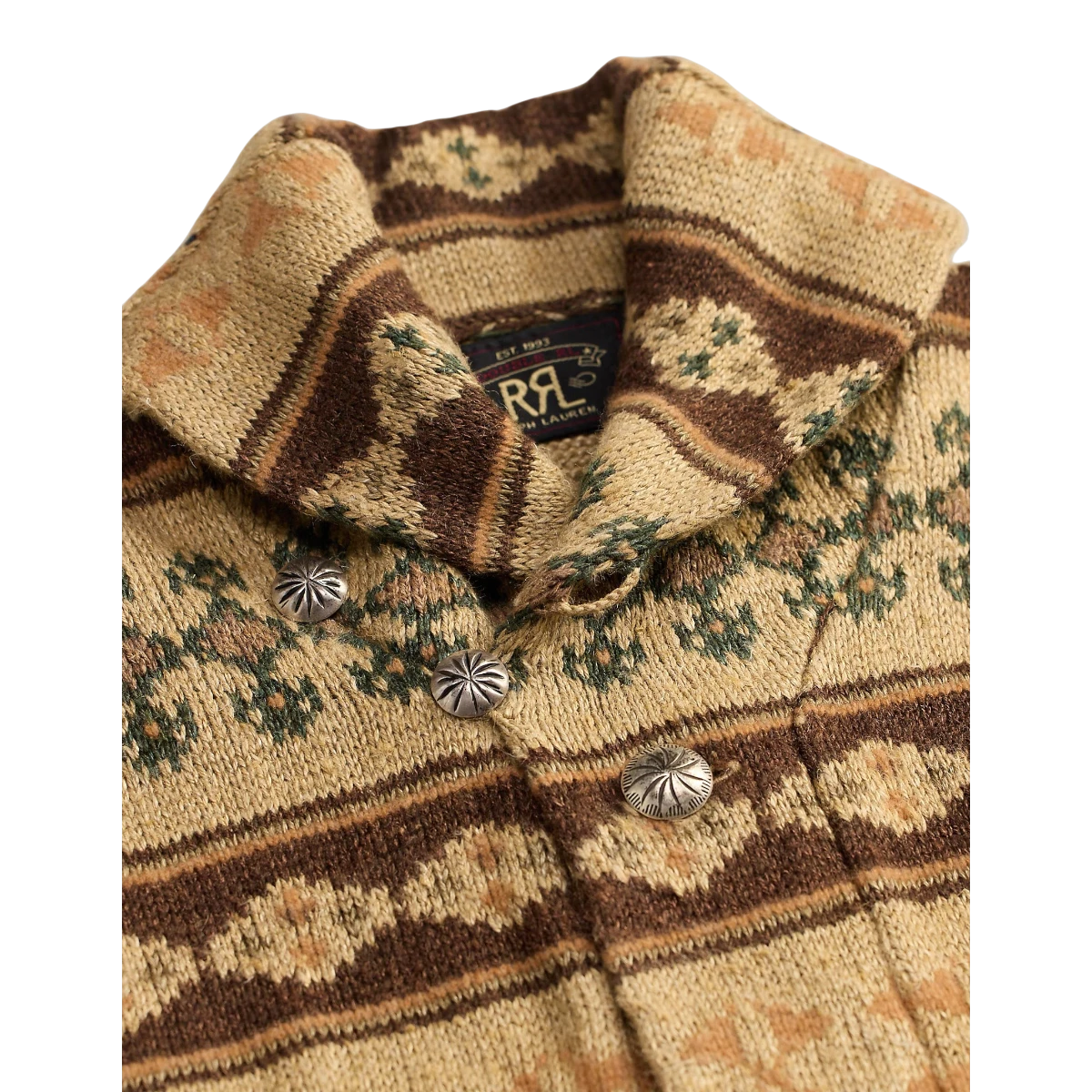 MILWORK Tan Multi Jacquard-Knit Linen-Blend Shawl Collar Cardigan with vintage 1940s pattern and antiqued silver buttons.