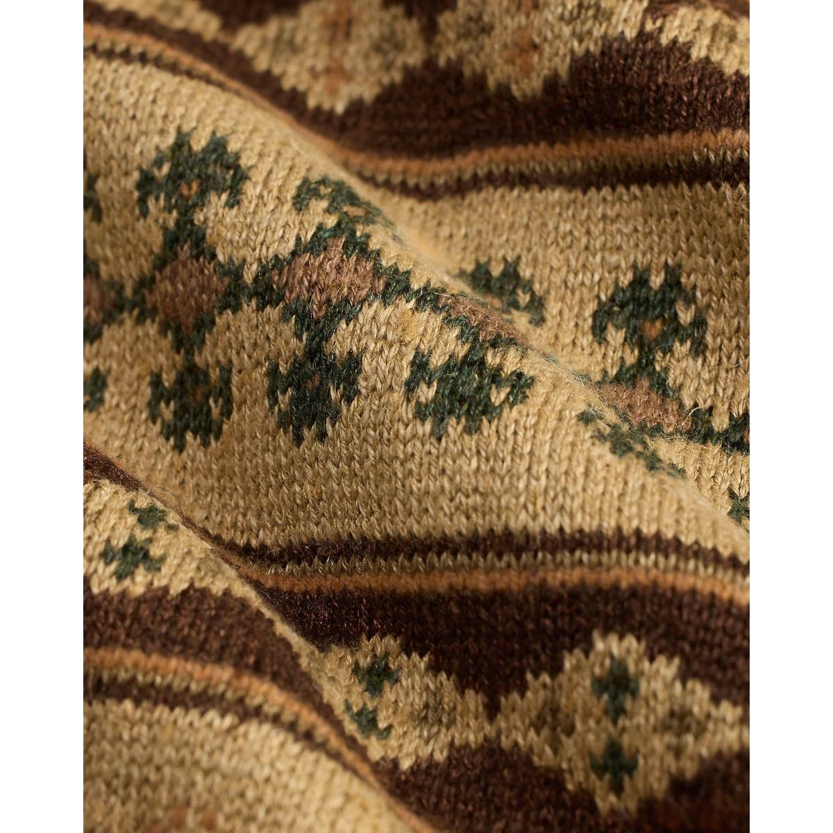 MILWORK Jacquard-knit cardigan in tan multi with a vintage 1940s inspired pattern. Linen, silk, and wool blend.