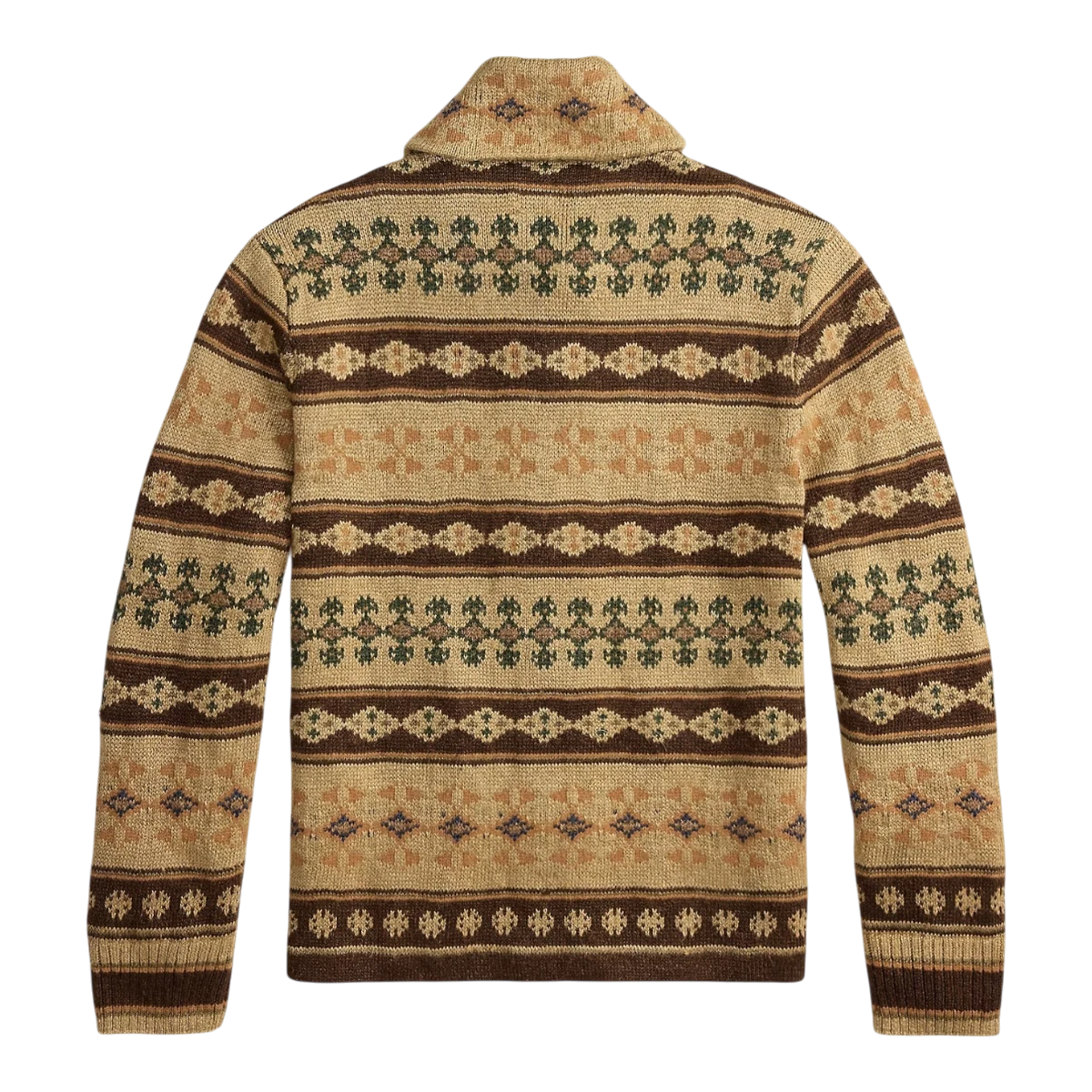 MILWORK tan multi jacquard-knit cardigan with shawl collar, ribbed cuffs, and vintage-inspired pattern. Made from linen, silk, and wool blend.