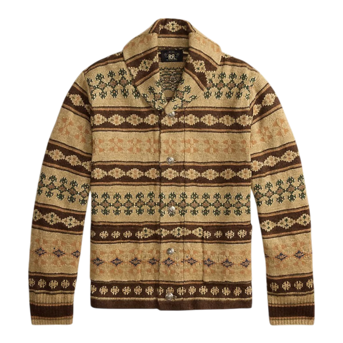 MILWORK Tan Multi Jacquard-Knit Linen-Blend Cardigan with shawl collar, metal buttons, and vintage-inspired pattern.