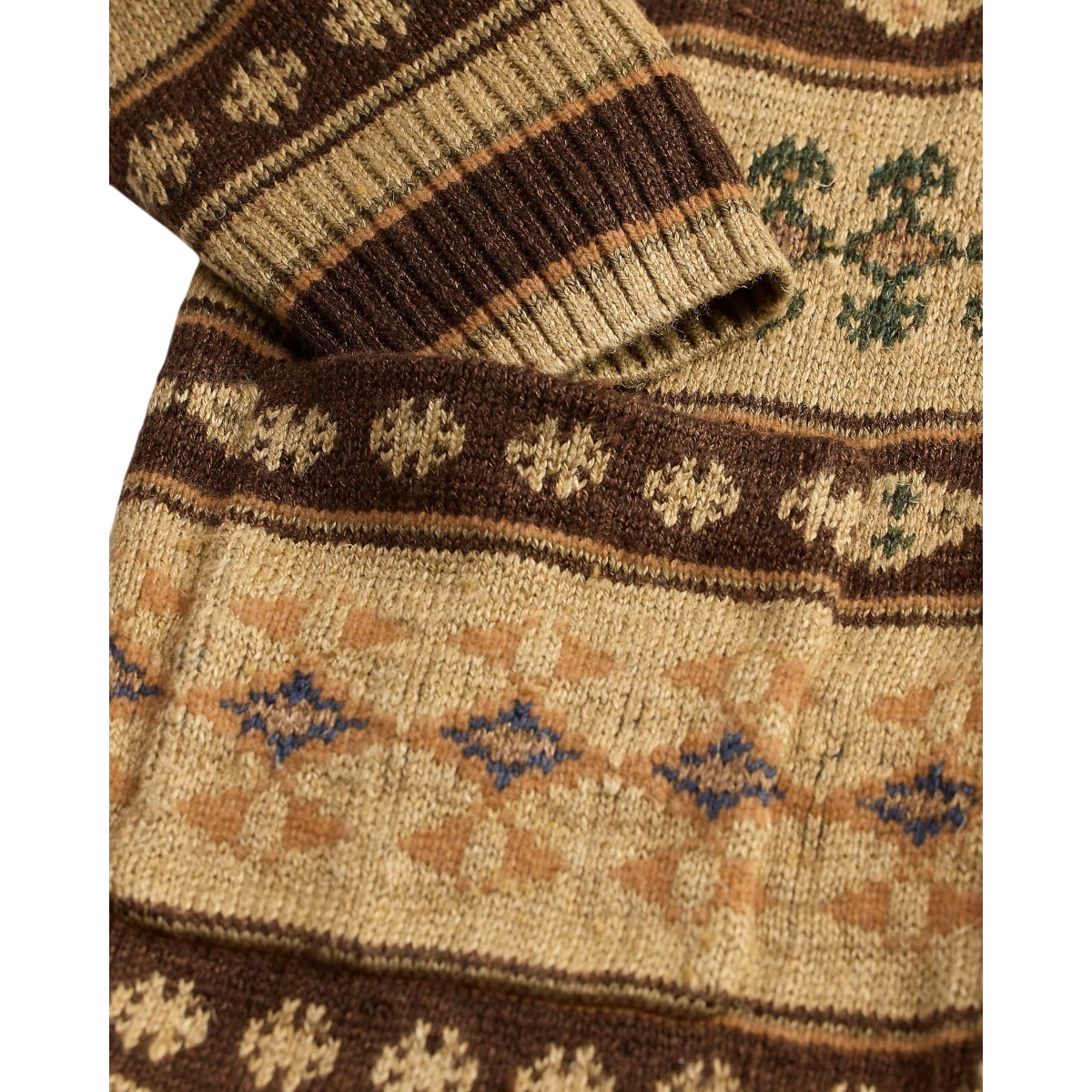 MILWORK Jacquard-Knit Linen-Blend Cardigan in tan multi with vintage 1940s inspired pattern, shawl collar, and metal buttons.