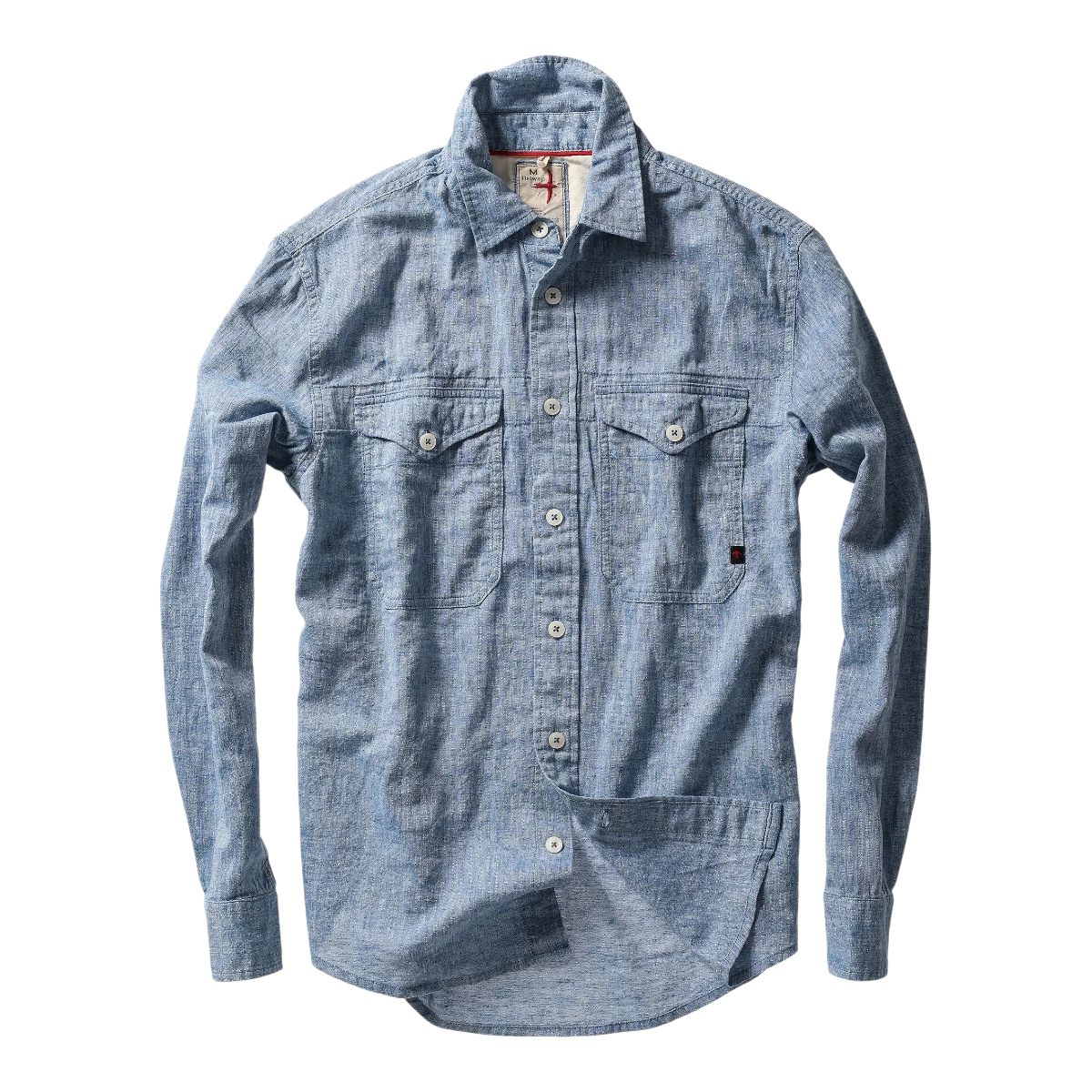 MILWORK Windsail Workshirt in chambray blue, a long-sleeved button-up with two chest pockets and a durable, semi-matte micro-ripstop finish.