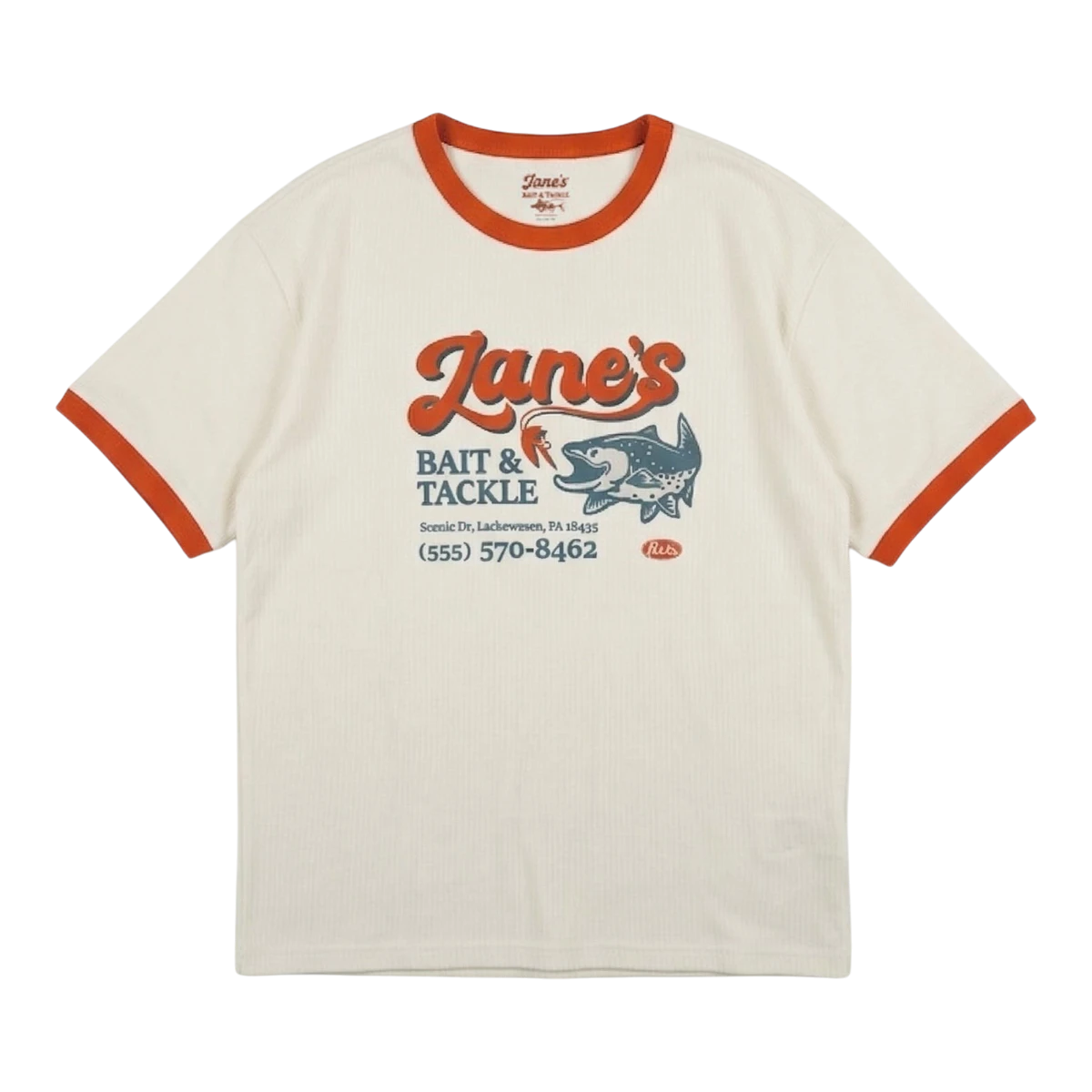 MILWORK Zane's Bait & Tackle ringer tee in ivory cotton with orange trim and vintage graphic.