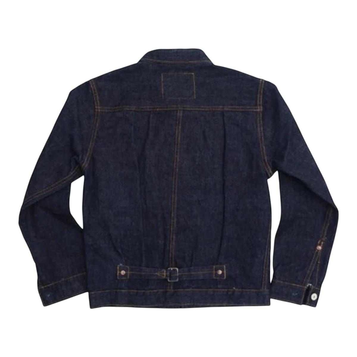 Back view of a MILWORKS 17oz indigo denim jacket featuring a classic 1st type design with a cinch back belt.