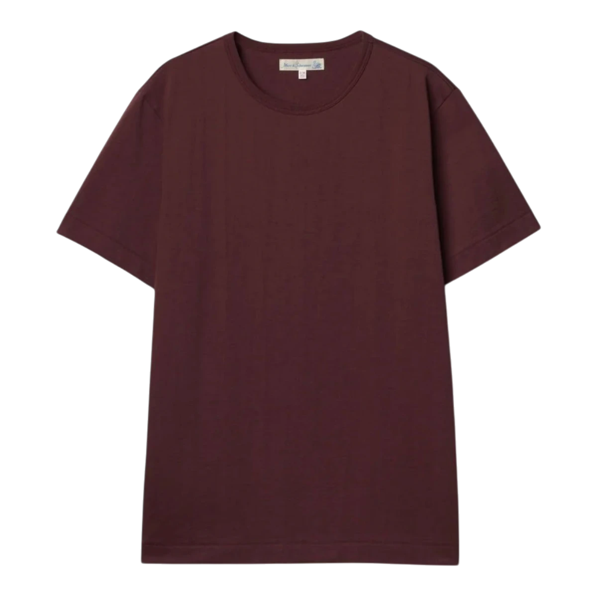 MILWORKS 2M15 sturdy burgundy crew-neck t-shirt made from 100% organic cotton jersey with baseball stitching details.