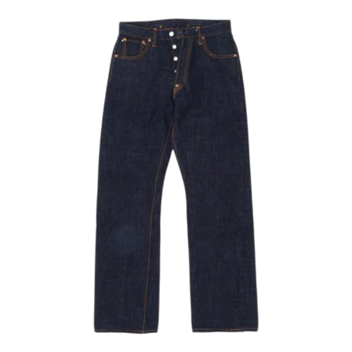 UES 17oz dark indigo selvedge denim jeans with a wide straight leg fit and button fly closure.