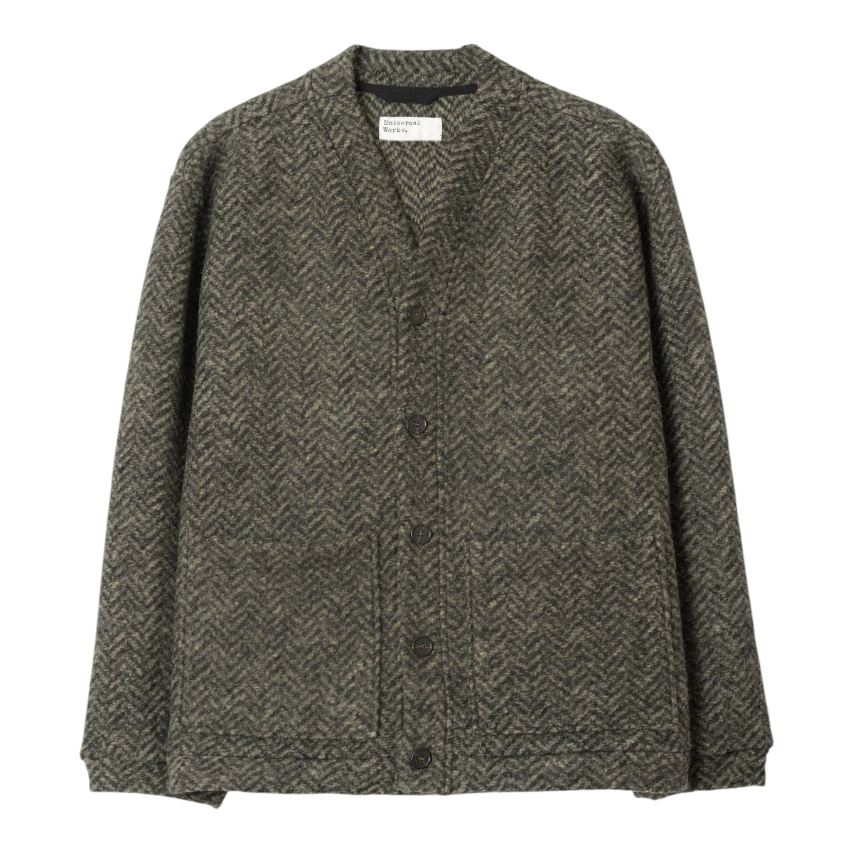 MILWORKS Advance cardigan in olive herringbone fleece with a boxy fit, button front, and two large front pockets.