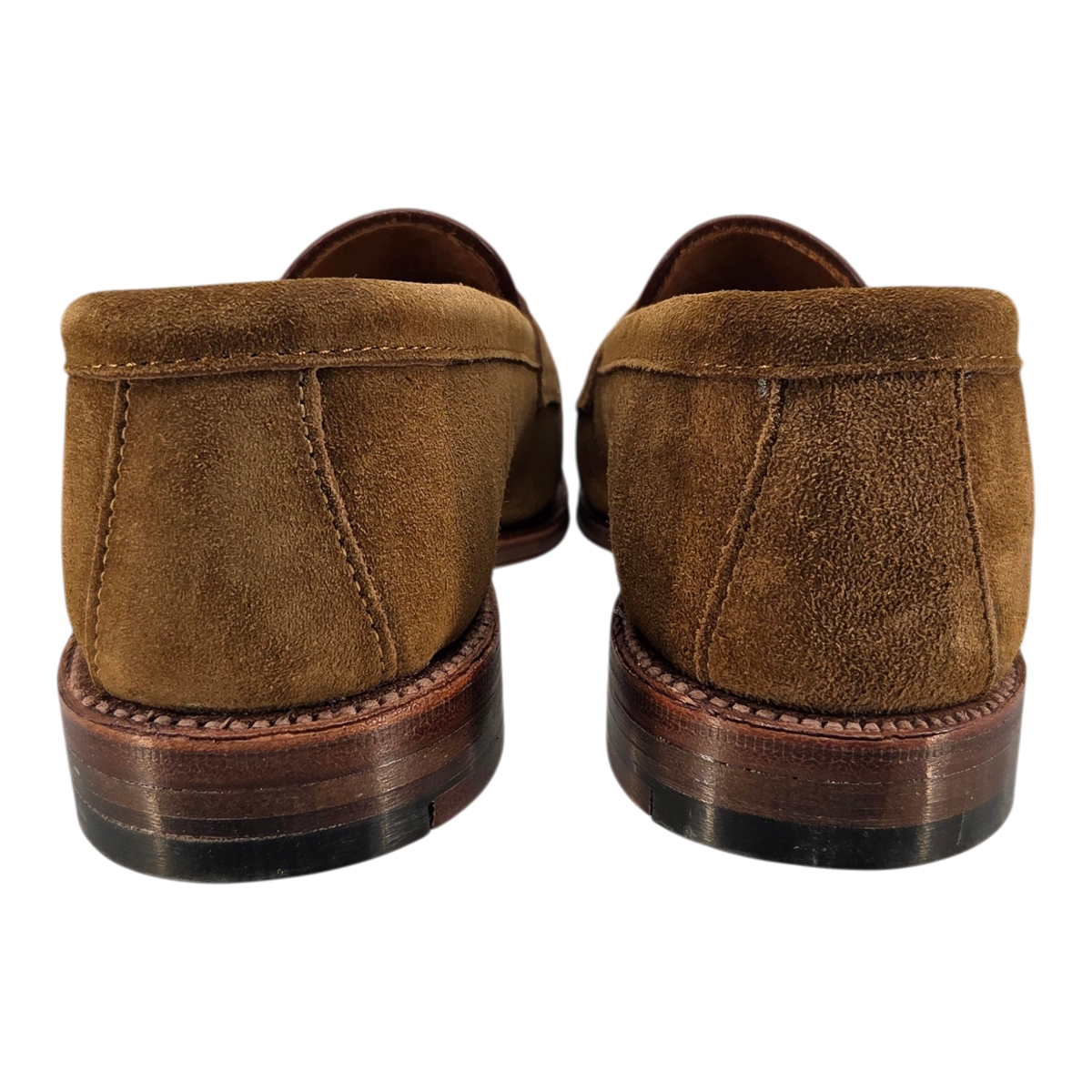 MILWORKS Alden 6173F penny loafers in snuff suede, showing the rear heel view with flex leather soles.