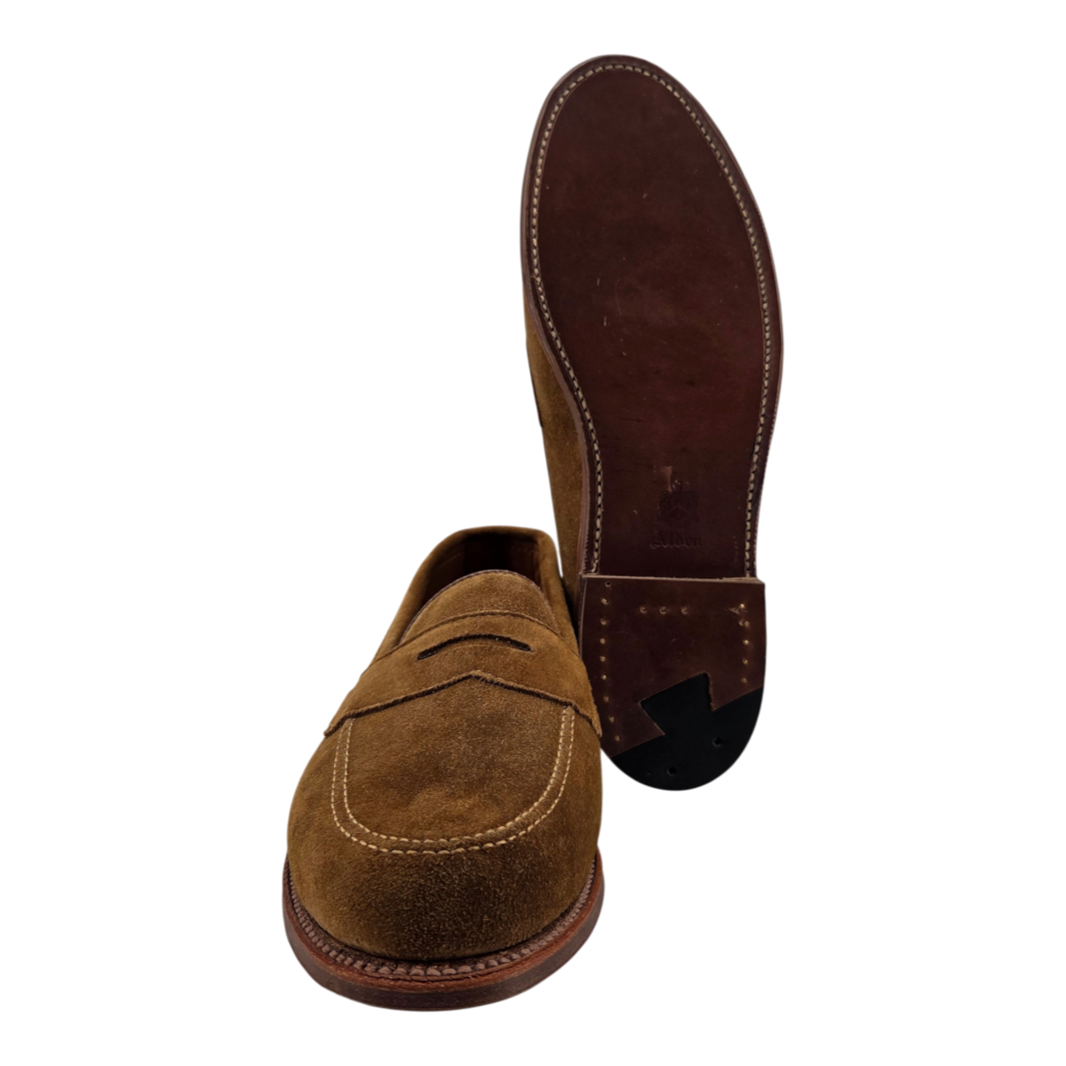 MILWORKS Alden 6173F penny loafer in snuff suede with a flexible leather sole and Goodyear welted construction.