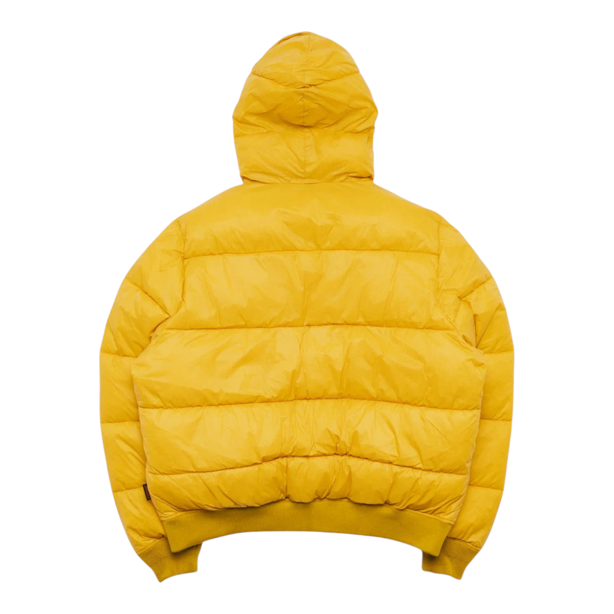 MILWORKS Alpine Jacket in mango yellow, featuring a quilted nylon shell, drawstring hood, and knit hem and cuffs.