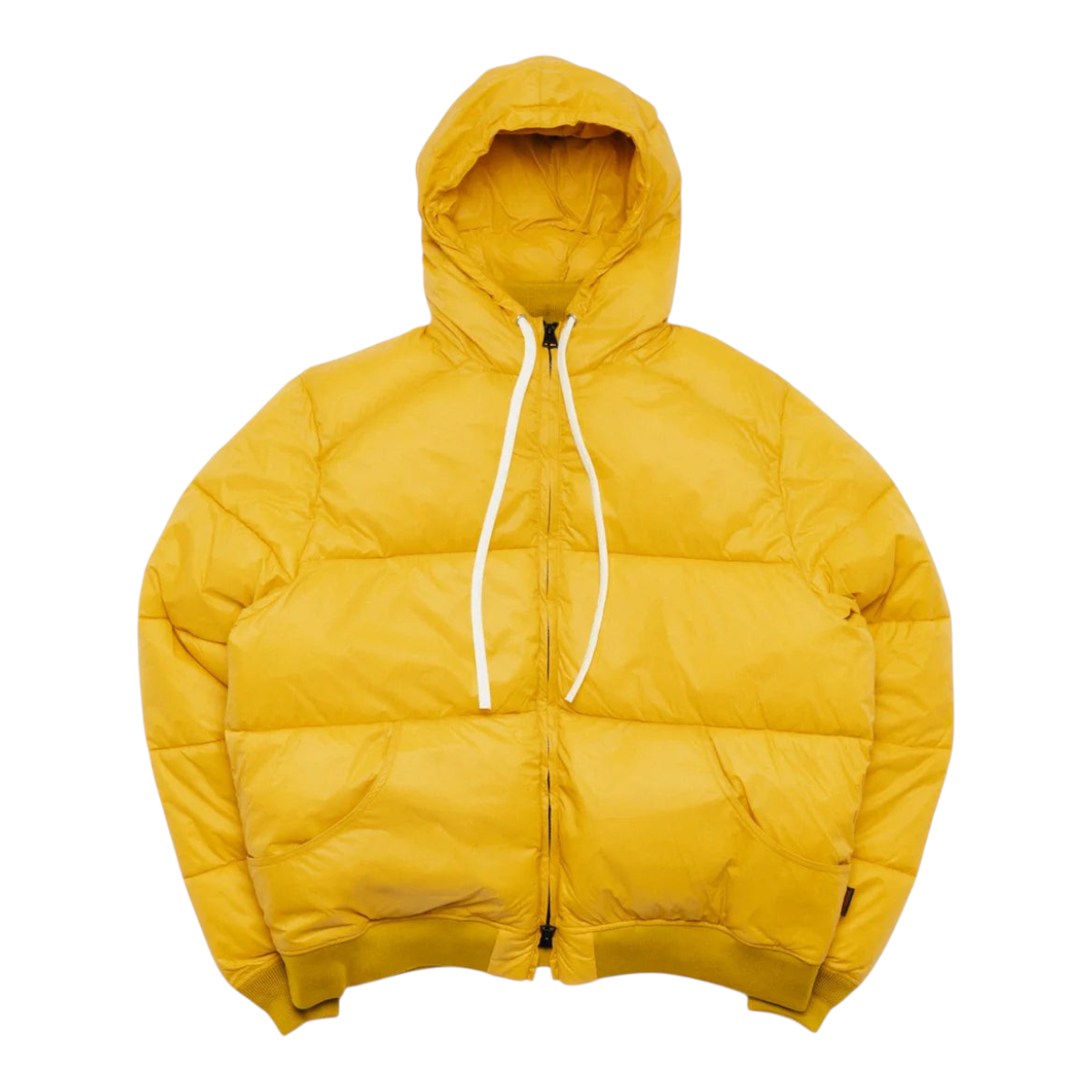 MILWORKS Alpine Jacket in mango yellow, a nylon puffer with a drawstring hood, two-way zip, and knit cuffs.