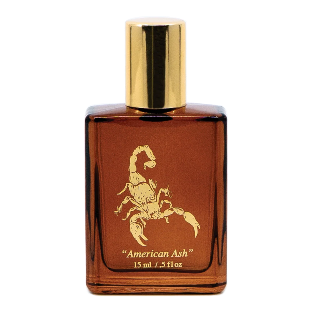 MILWORKS American Ash 15ml perfume in a brown glass bottle with a gold scorpion graphic and gold cap
