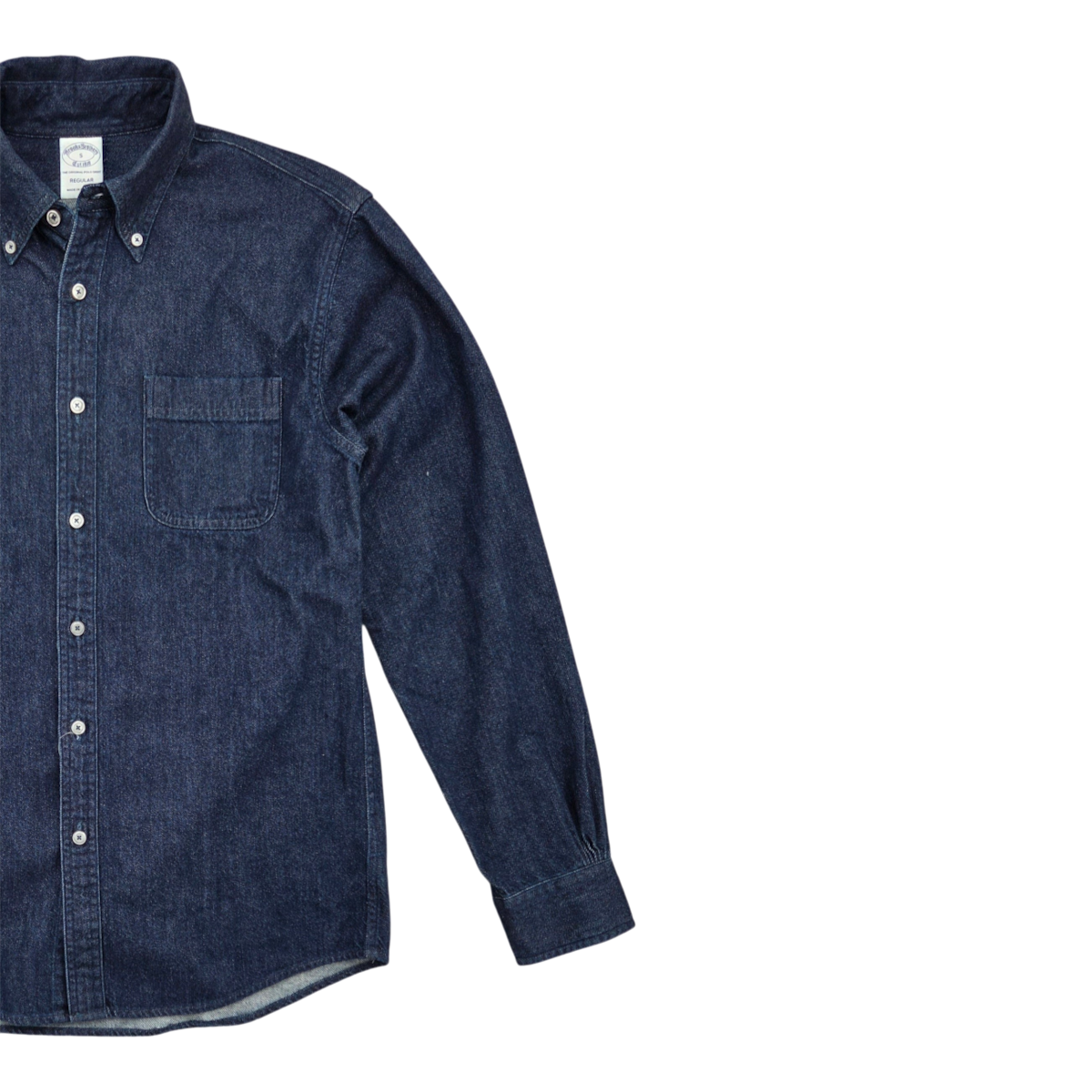 MILWORKS dark blue cotton twill denim shirt with a button-down collar and chest pocket