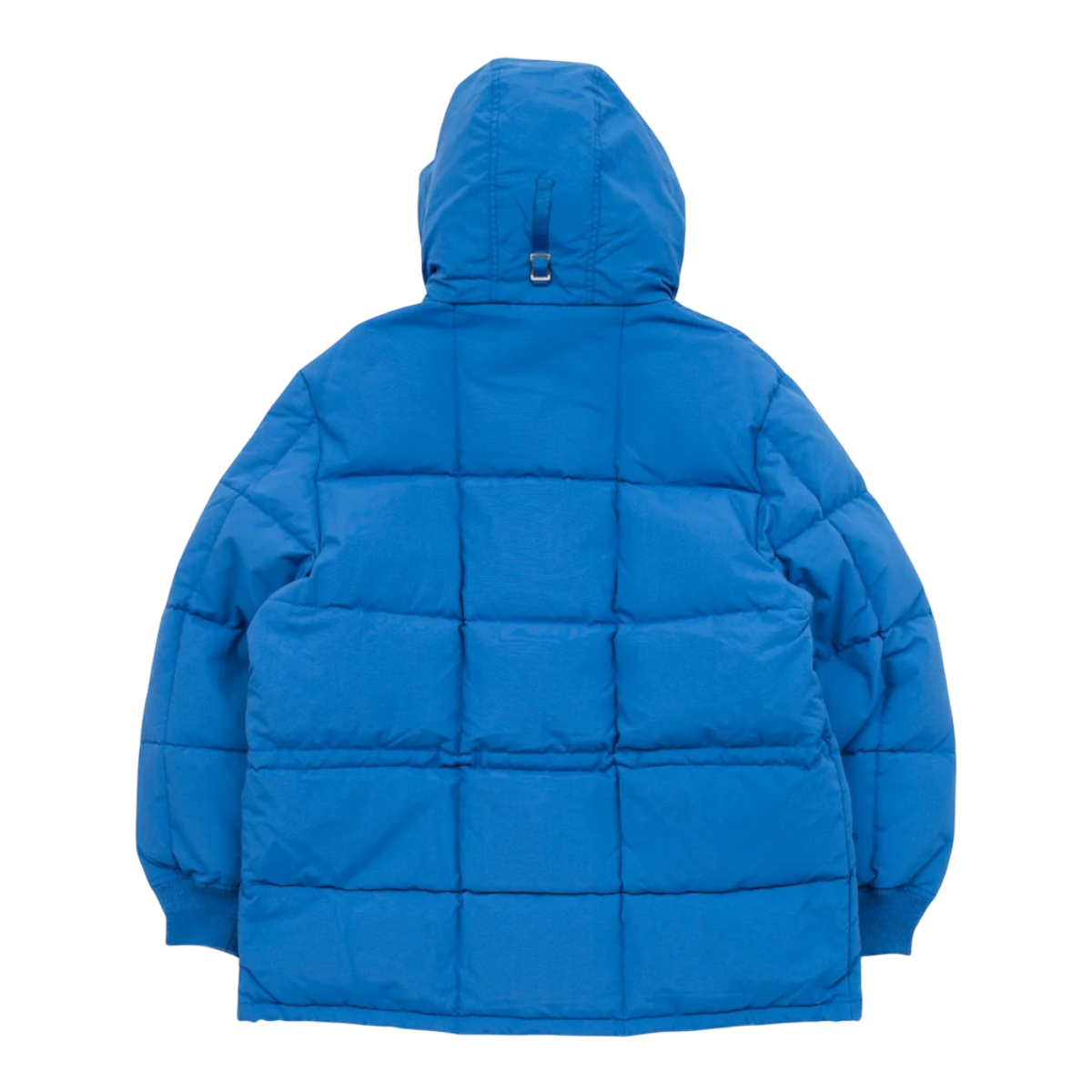 MILWORKS Arctic Parka in blue raspberry nylon with a quilted design, hood, and rib-knit cuffs, back view.