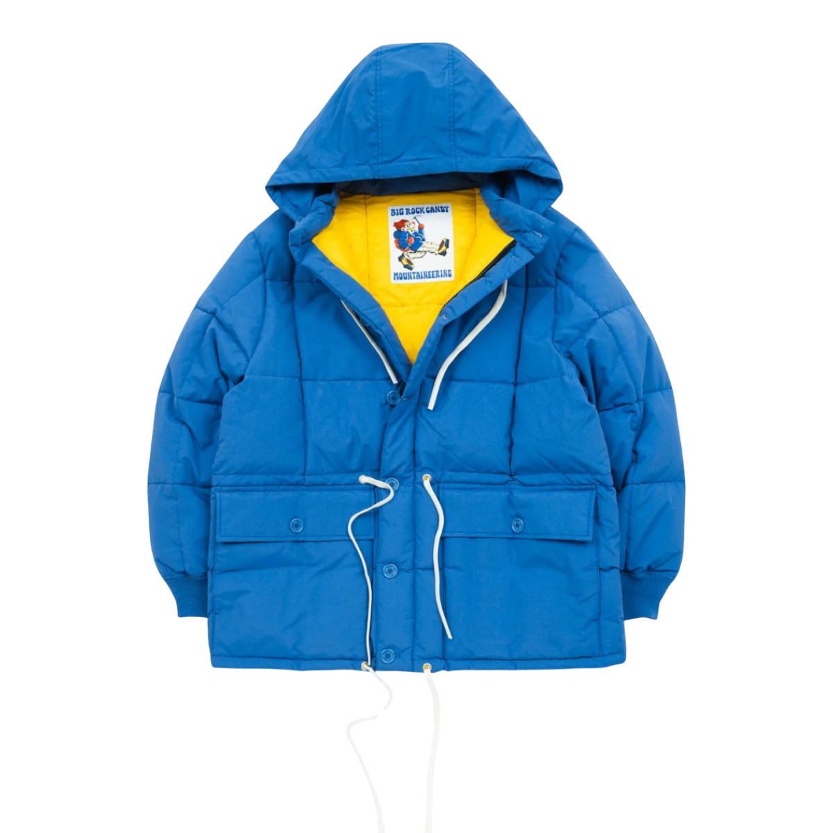 MILWORKS Arctic Parka in blue raspberry nylon with a contrasting yellow lining, hood, and buttoned storm placket.