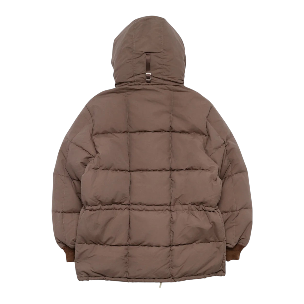 Back view of MILWORKS Arctic Parka in cappuccino brown, featuring a quilted nylon shell, hood, and rib-knit cuffs.
