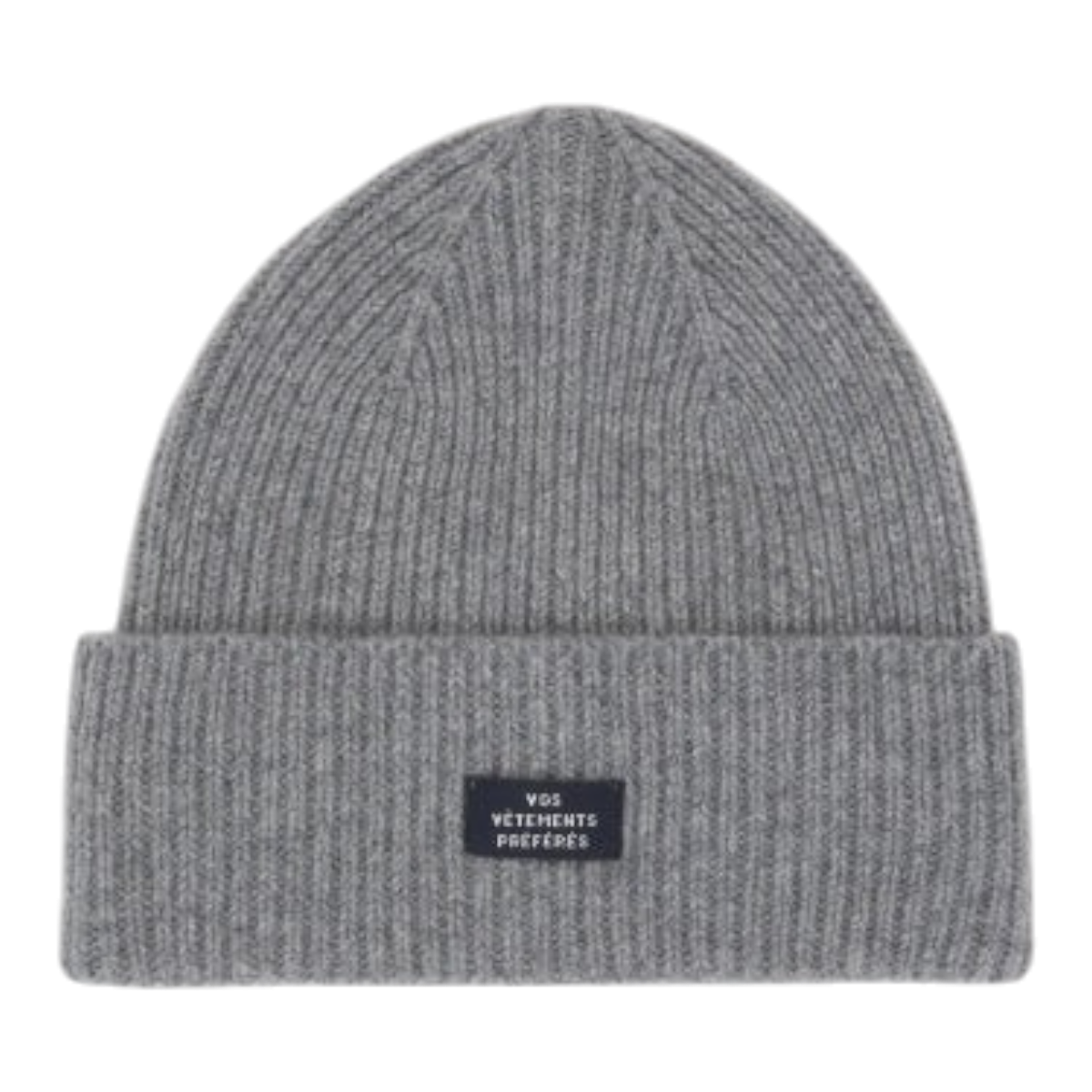 MILWORKS grey ribbed knit beanie made from a soft wool and cashmere blend with a small branded patch on the cuff.