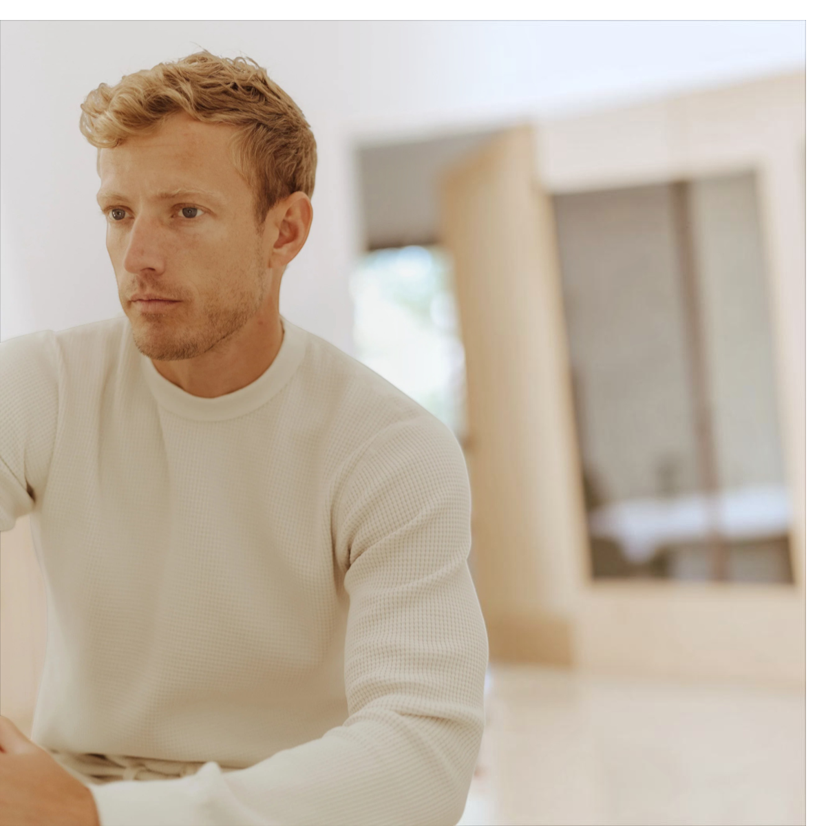MILWORKS long sleeve crew neck waffle tee in ash grey cotton worn by a man in a bright indoor setting
