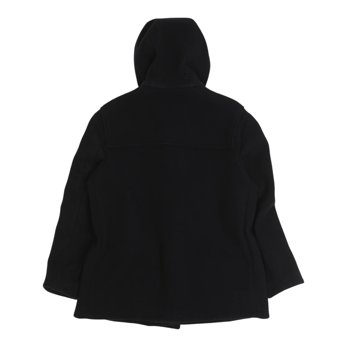 MILWORKS Ashland Montgomery coat in navy wool melton with a hood, shown from the back view.