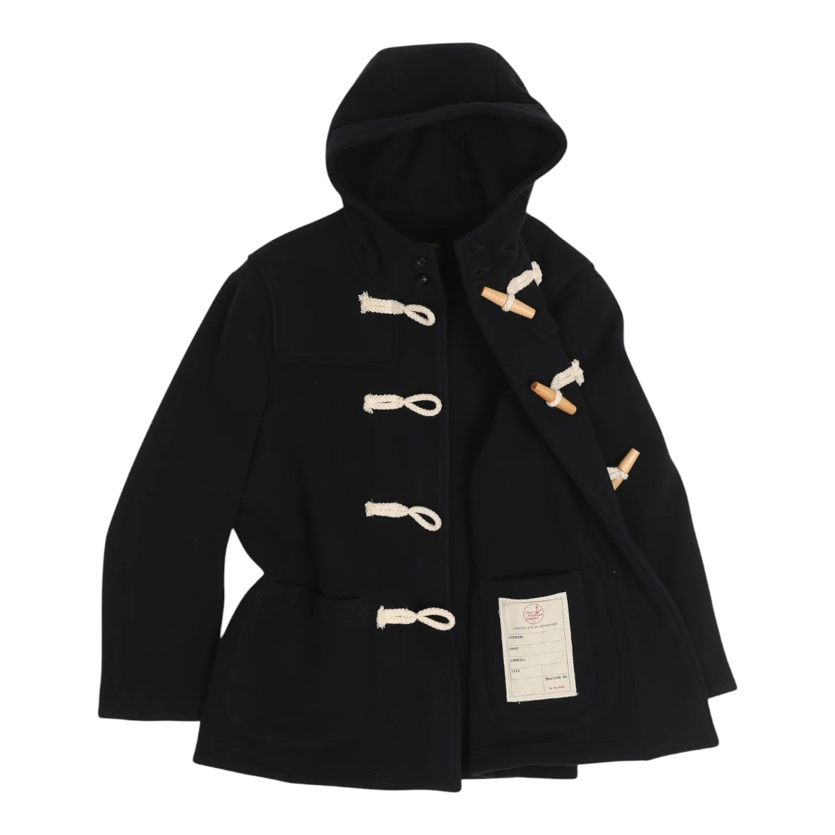 MILWORKS Ashland Montgomery coat in navy wool Melton with natural wood toggles and hood, crafted in Italy.