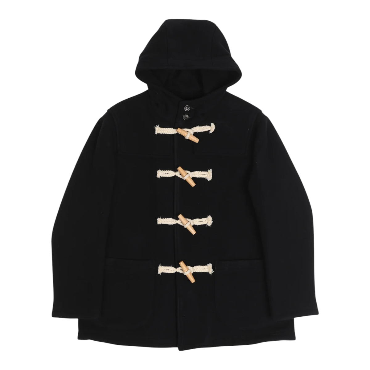 MILWORKS Ashland Montgomery coat in navy wool Melton with a hood, patch pockets, and natural wood toggle fastenings.